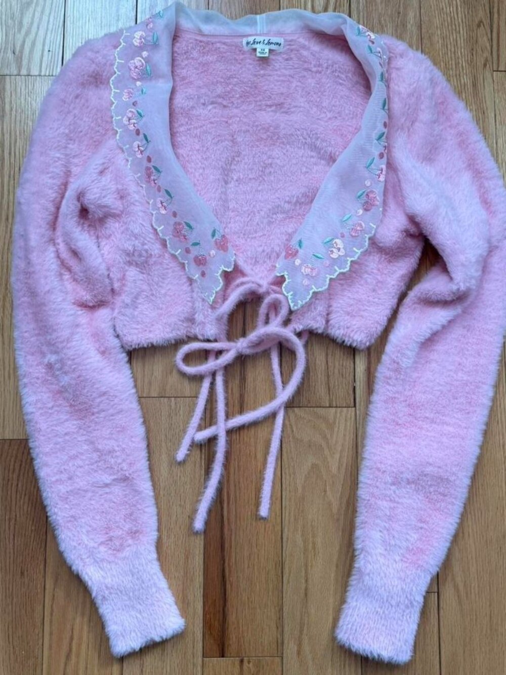 For Love & Lemons Women's Pink Cardigan Sweet Cherry Fuzzy Cropped Tie Collar XS